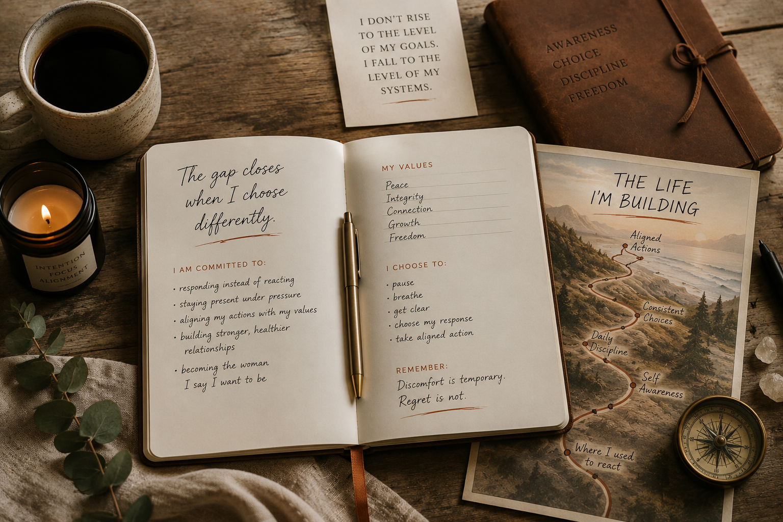 Journal open to alignment practice with candle and compass